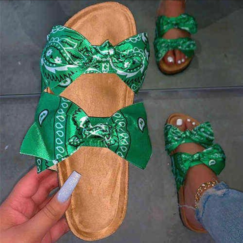 Green Bandana Bow Slides